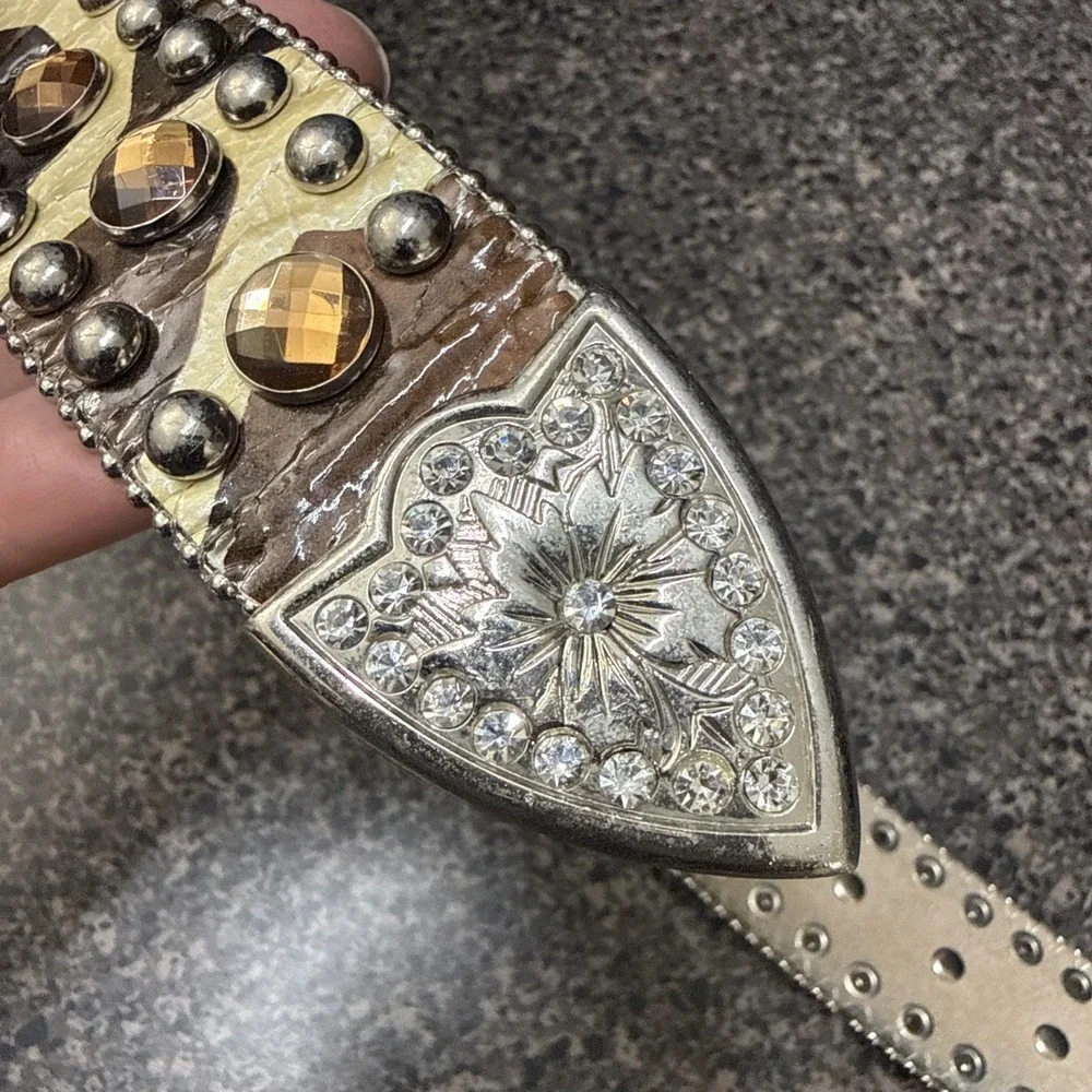 Blazin Roxx Belt Western Rhinestone Studded Leather Large Cowgirl Brown Tan READ